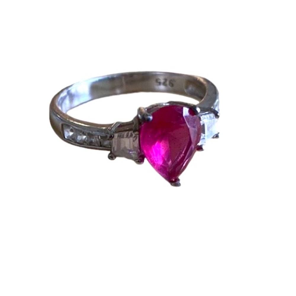 925 sterling silver pink ruby teardrop rhinestone ring